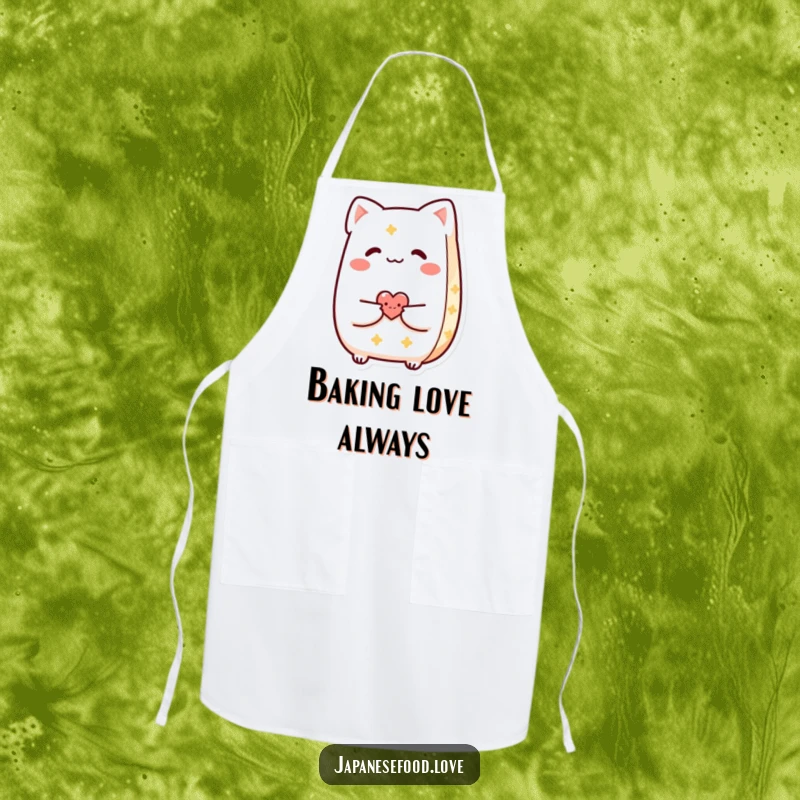 Funny Taiyaki apron featuring a smiling pastry character offering a tiny heart, ideal for kitchen use.