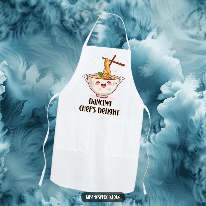 Funny apron showcasing a cheerful ramen bowl dancing with steam, a humorous cooking accessory, great for a funny gift for chefs.