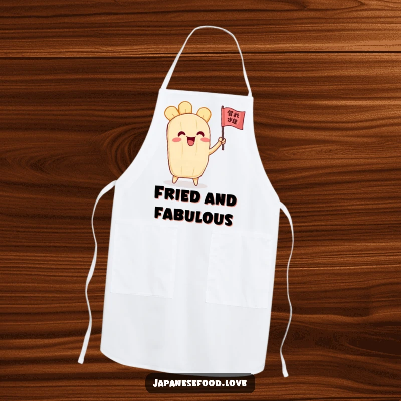Funny apron with an overjoyed tempura piece character exuberantly waving a small flag, perfect for adding cheer to the kitchen.