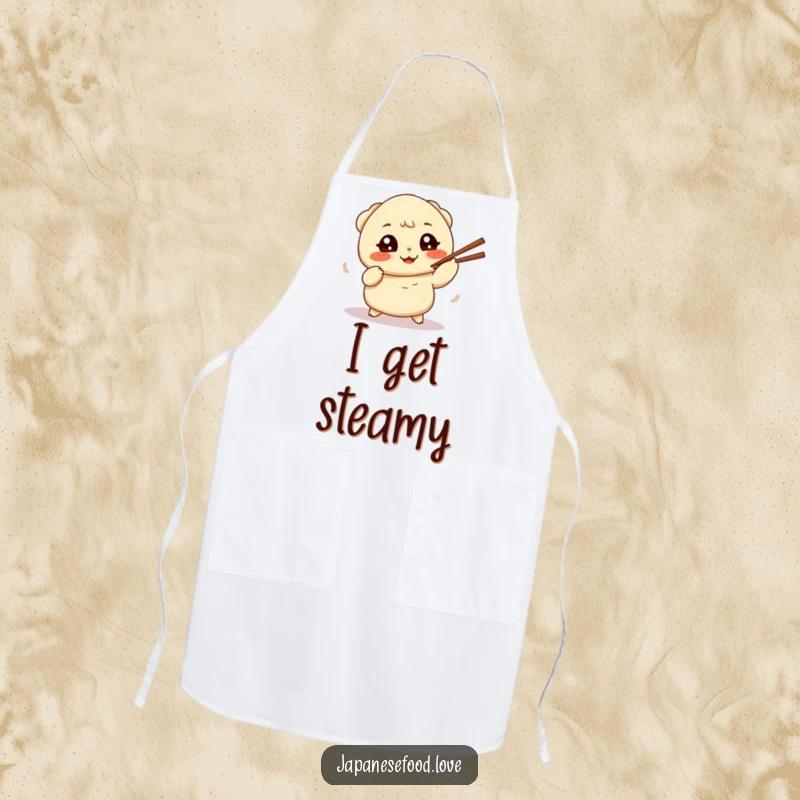 Funny apron depicting a determined dumpling comically fumbling with chopsticks while cooking, perfect for a humorous kitchen.