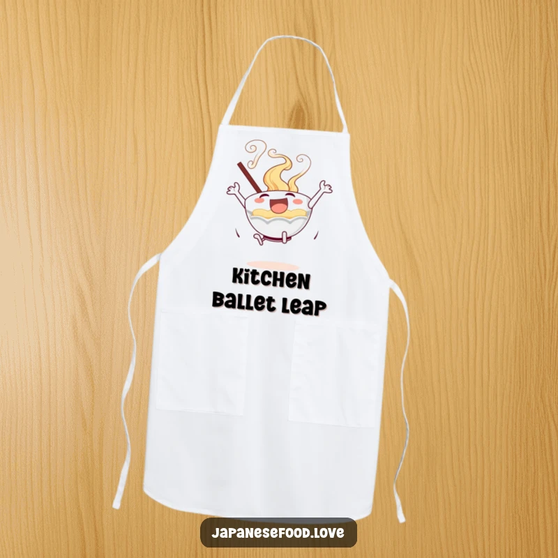 Funny apron design with an excited ramen bowl performing a joyful leap, perfect for kitchen fun.