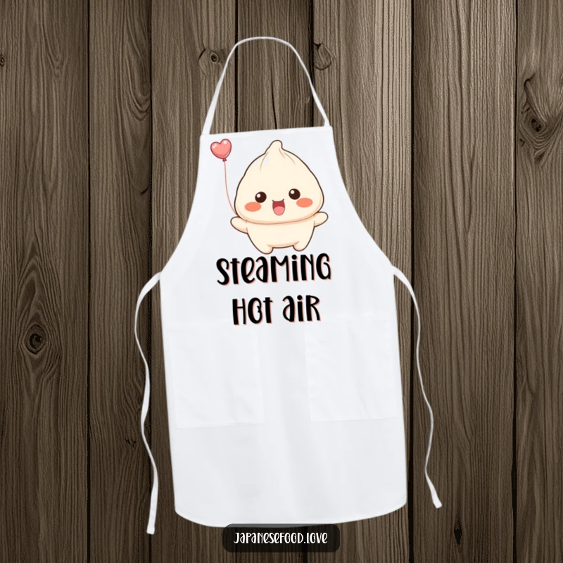 Funny dumpling with wide smile attempting to float away like a balloon on an apron, a humorous and practical kitchen accessory.