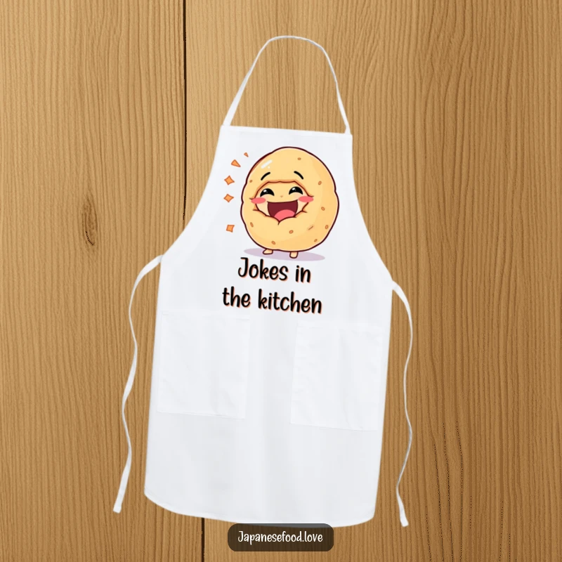 Funny apron depicting a giant fortune cookie character bursting with hearty laughter, a cheerful and humorous kitchen accessory.