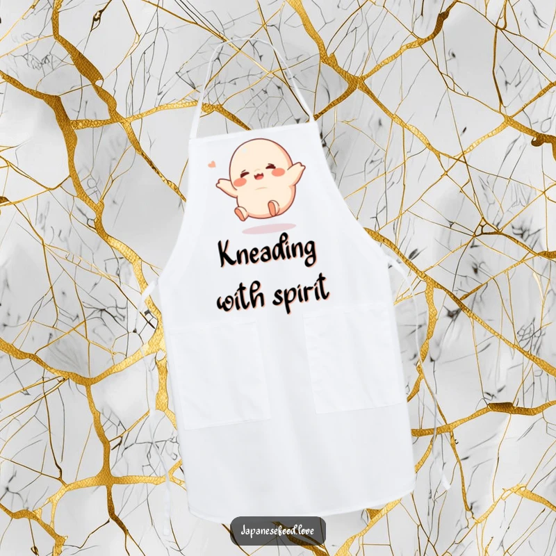 Funny giggling dumpling apron, showing a cute character with tiny legs kicking playfully while cooking, adding humor to the kitchen and making a funny gift.