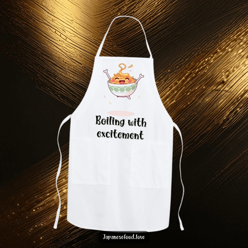 Funny Jumping Ramen Bowl Apron: Smiling ramen bowl leaping joyfully into the air, kitchen wear, noodle humor, funny gift.
