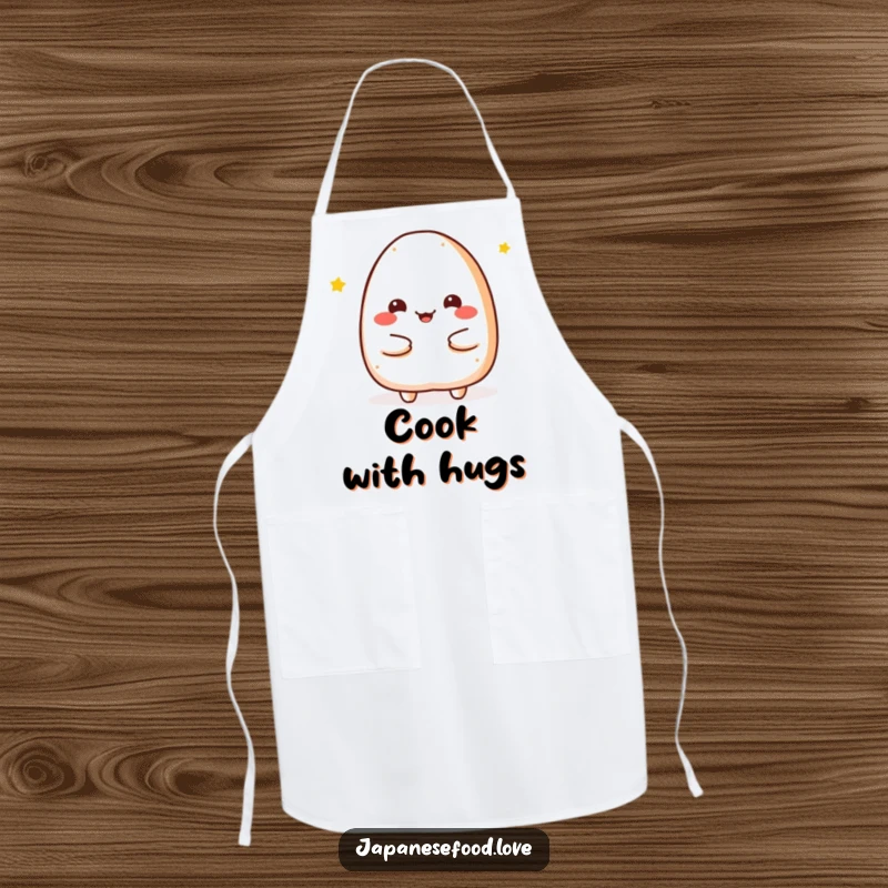 Funny Apron with a graphic of a cheerful onigiri character offering a warm embrace, perfect for cooks who love to share comfort.