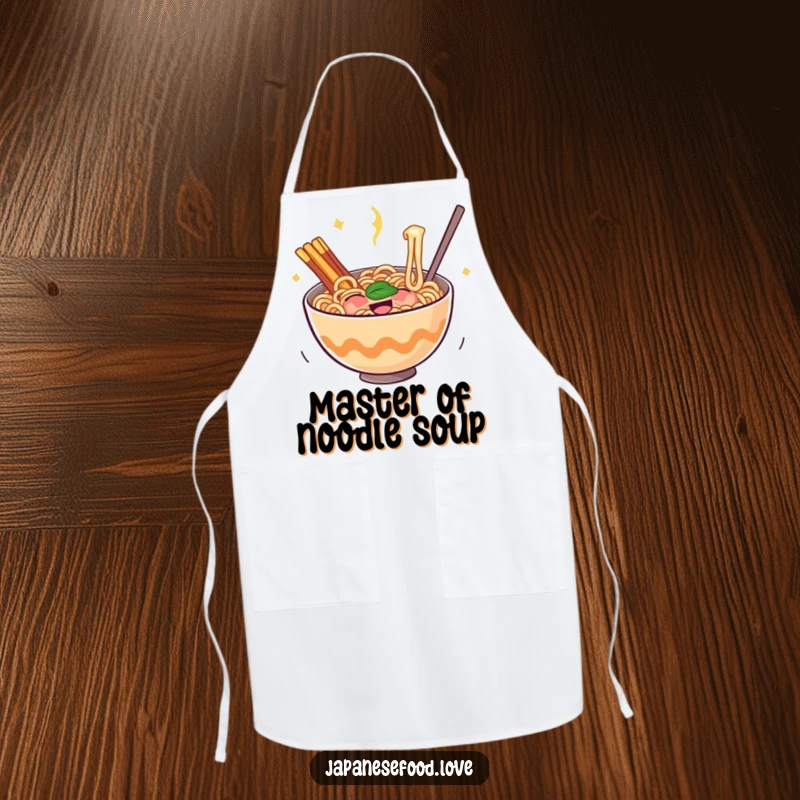 Funny ramen apron showcasing a bouncing bowl of noodles filled with glee, perfect for cozy kitchen comfort.