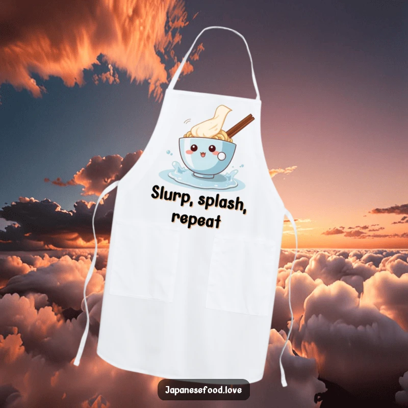 Funny apron with a cheerful ramen bowl character playfully splashing in a puddle, perfect for adding fun to the kitchen.