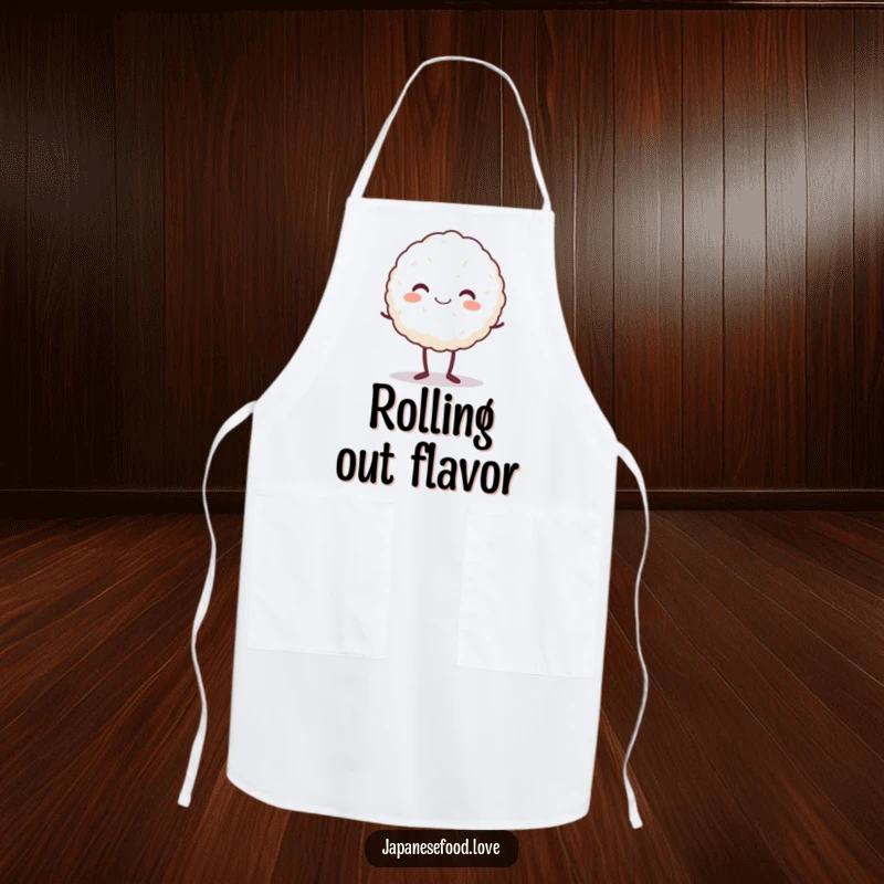 Funny apron featuring a beaming rice ball character standing on tiptoe, adding cheer and joy to any culinary endeavor.