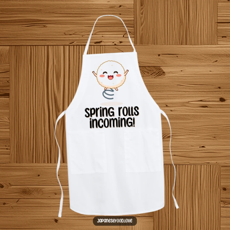 Funny apron featuring a cheerful rice ball character energetically bouncing on a spring, perfect for a humorous cooking experience.