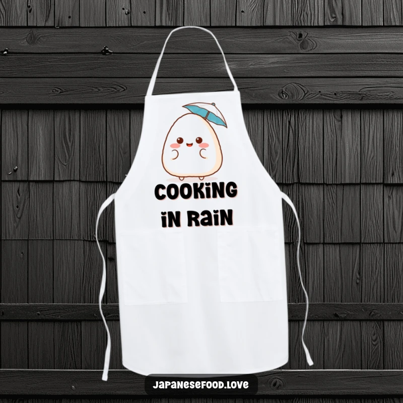 Funny surprised onigiri apron, showing a blushing rice ball character with a tiny umbrella, adding cute humor to the kitchen, a funny gift.