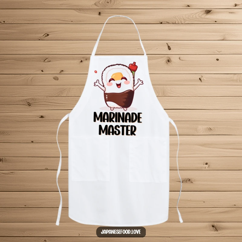 Funny apron depicting a happy sushi roll hugging a smiling soy sauce bottle, designed for chefs who appreciate kitchen humor and puns.