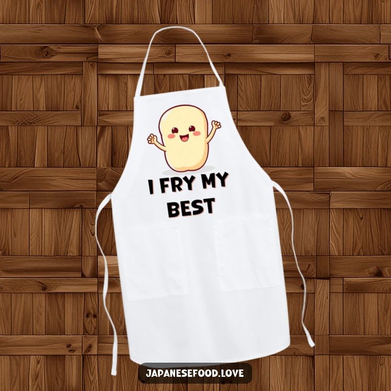 Funny apron depicting a smiling tempura piece with tiny arms waving enthusiastically, perfect for a joyful cooking experience.
