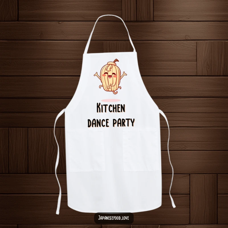 Funny kitchen apron with a dancing udon noodle character in exaggerated, happy motion, ideal for cooking.