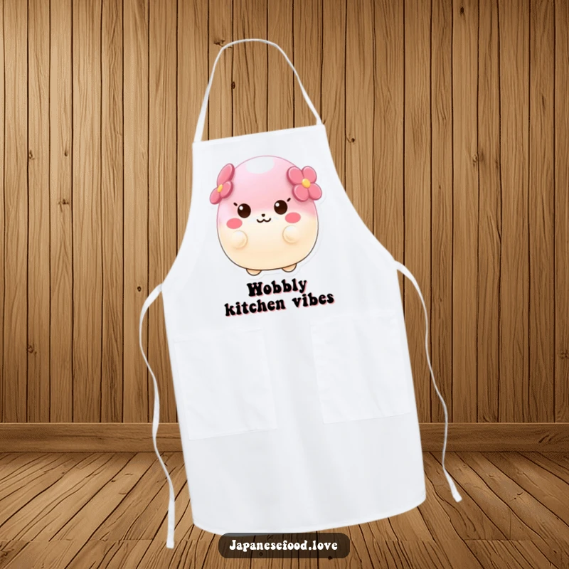 Funny apron featuring a wobbly sakura mochi character wobbling with kitchen delight, ideal for chefs and bakers.