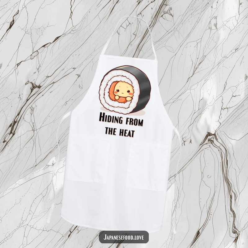 Funny kitchen apron showing a shy tempura piece peeking from behind a sushi roll, a humorous cooking accessory.