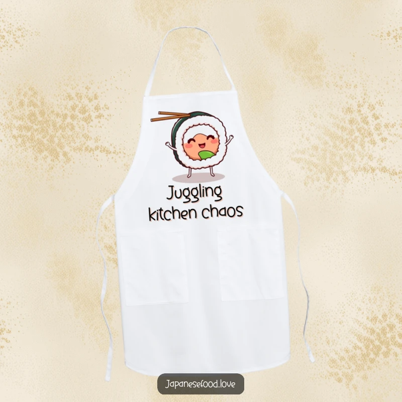Funny sushi apron showing a smiling sushi roll with tiny legs, juggling chopsticks, ready for kitchen fun.