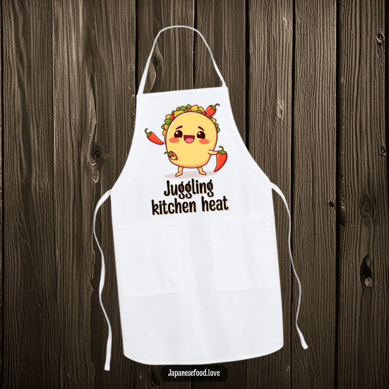 Funny apron showing a smiling taco awkwardly juggling three chili peppers, perfect for adding a touch of comedy to cooking.