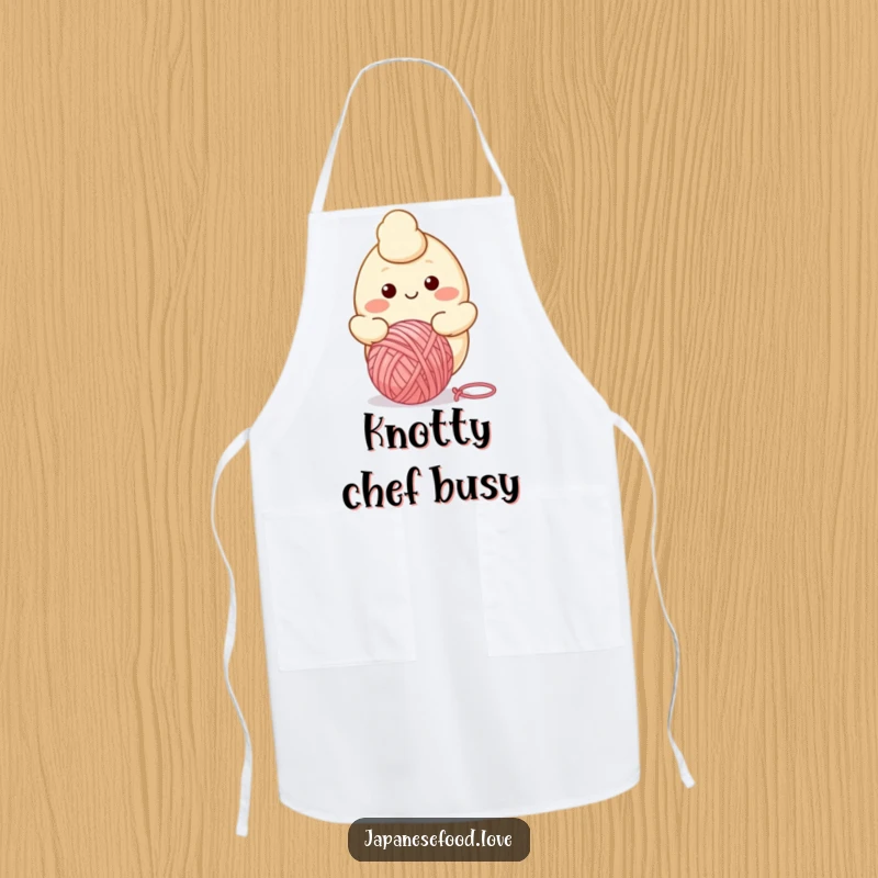 Funny cooking apron featuring a smiling dumpling character happily bouncing a ball of yarn, adding charm to the kitchen.