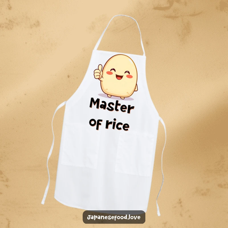 Funny onigiri apron showcasing a joyous rice ball character giving a cheerful thumbs up, perfect for positive kitchen vibes.