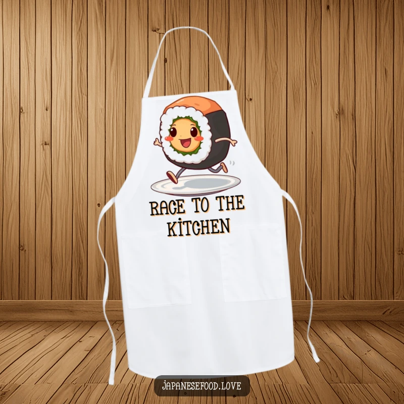 Funny apron with a cheerful sushi roll character with tiny legs, sprinting across a plate, making cooking a fun activity.