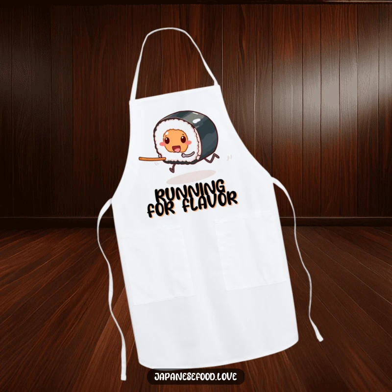 Funny apron featuring a sushi piece with tiny legs comically racing towards a chopstick, adding a humorous touch to any kitchen.