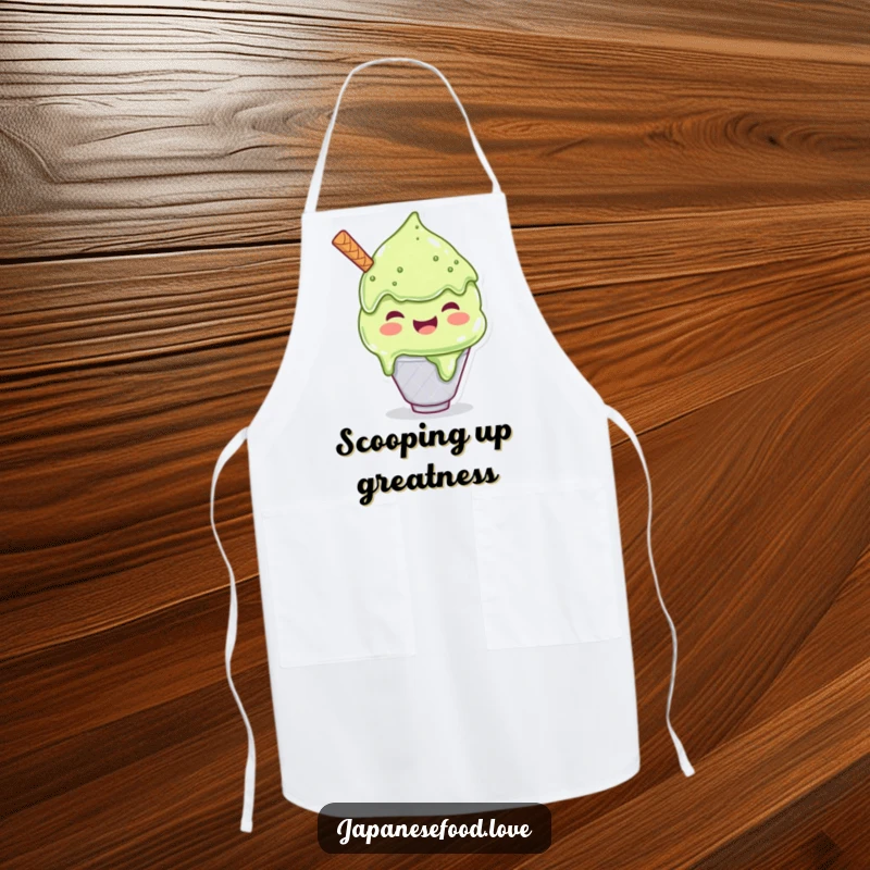 Funny apron featuring a joyful matcha ice cream character scooping a large portion, perfect for aspiring bakers and dessert lovers.