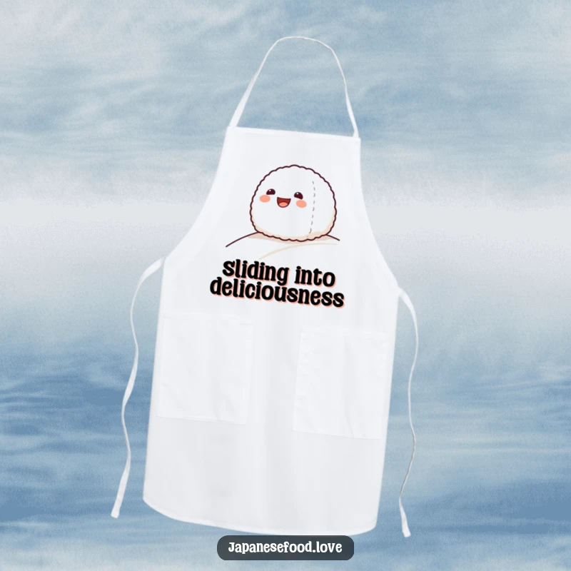 Funny apron with a grinning onigiri rice ball character hilariously sliding down a gentle slope, perfect for cooks.