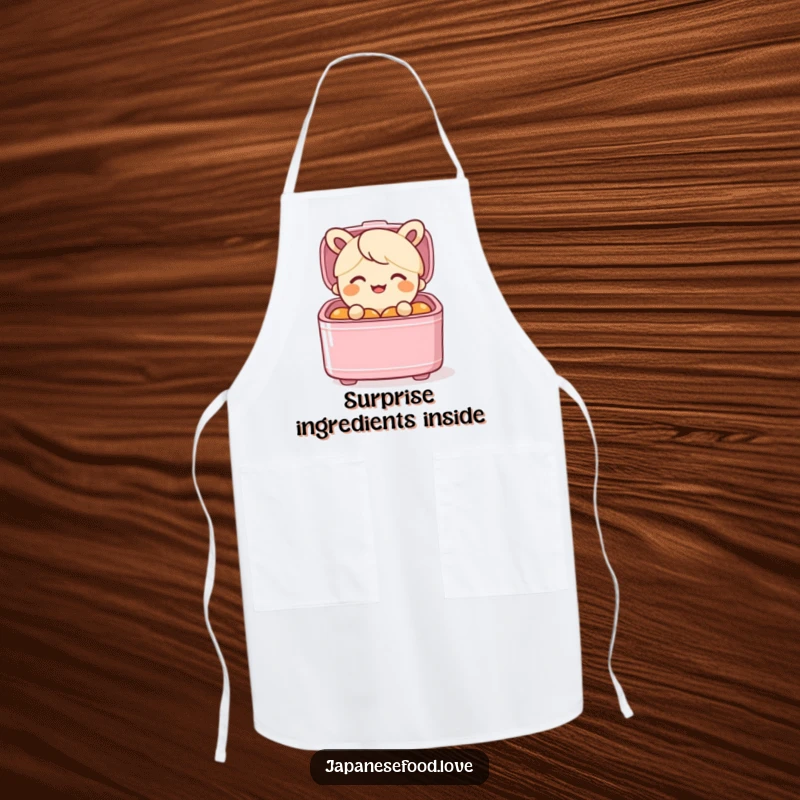Funny apron with a smiling bento box character popping out of its lid with surprise, perfect for cooks.
