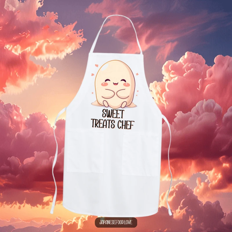 Funny apron showing a happy, sweet mochi character melting into a gooey hug, ideal for bakers who want to add adorable humor to their kitchen attire.