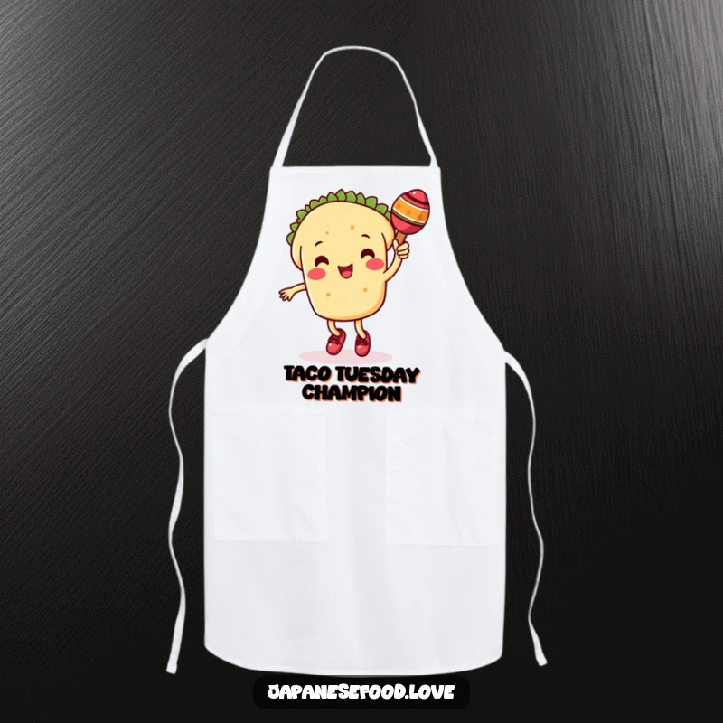 Funny taco apron showcasing a cute taco character dancing and shaking a maraca, perfect for kitchen fiestas.