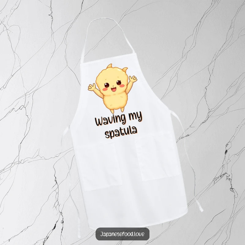 Funny apron with a happy tempura piece with little arms waving enthusiastically, a humorous and cheerful cooking accessory, great for a funny gift.