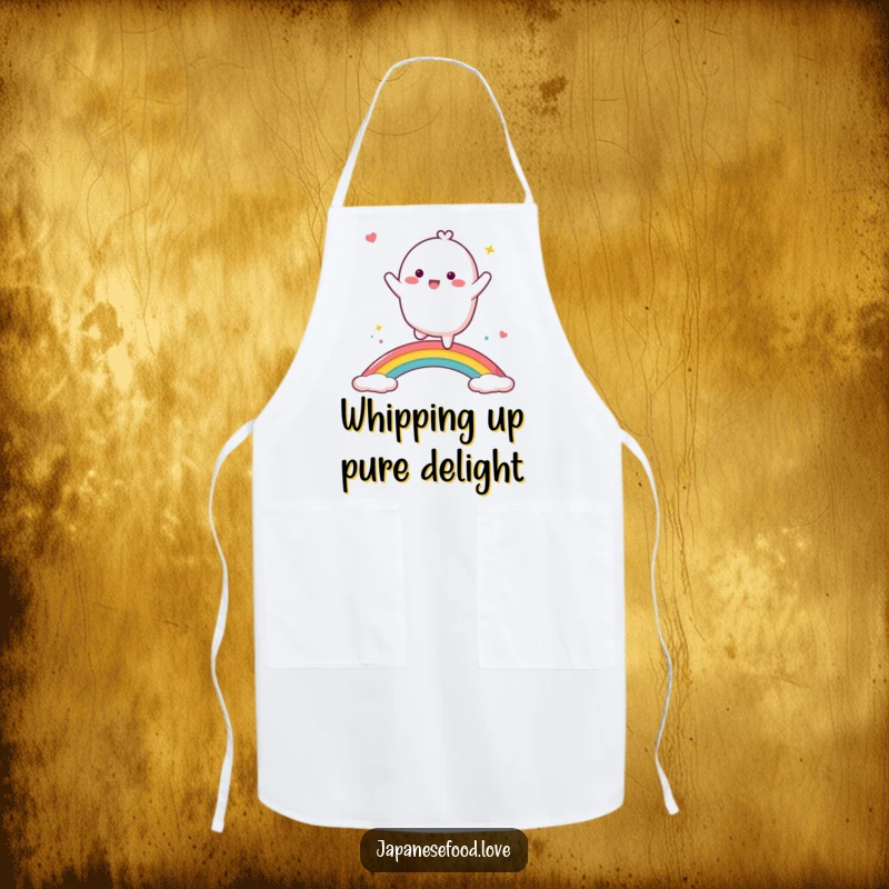 Funny mochi character enthusiastically dancing on a rainbow, a delightful and humorous cooking apron.