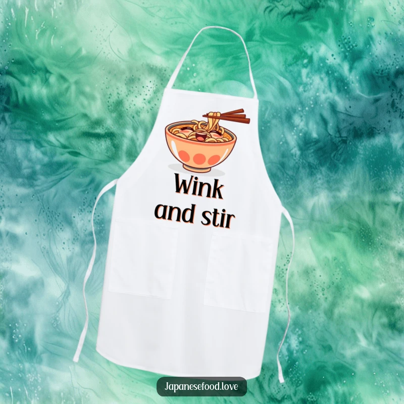 Funny apron showing a mischievous ramen bowl with chopsticks winking playfully, ready for kitchen adventures.