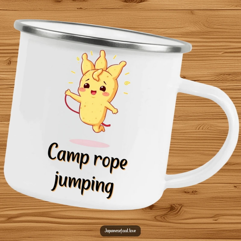Funny camping mug with a radiant tempura character joyfully jumping rope with its strand, perfect for outdoor enjoyment.