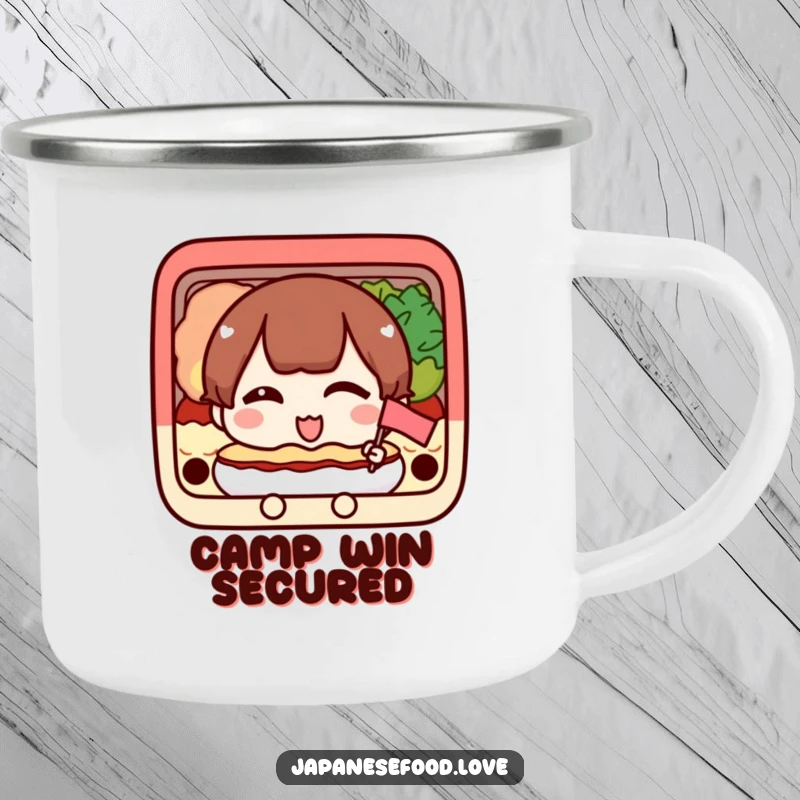 Funny camping mug with a happy bento box character winking and holding a flag, durable and full of personality.