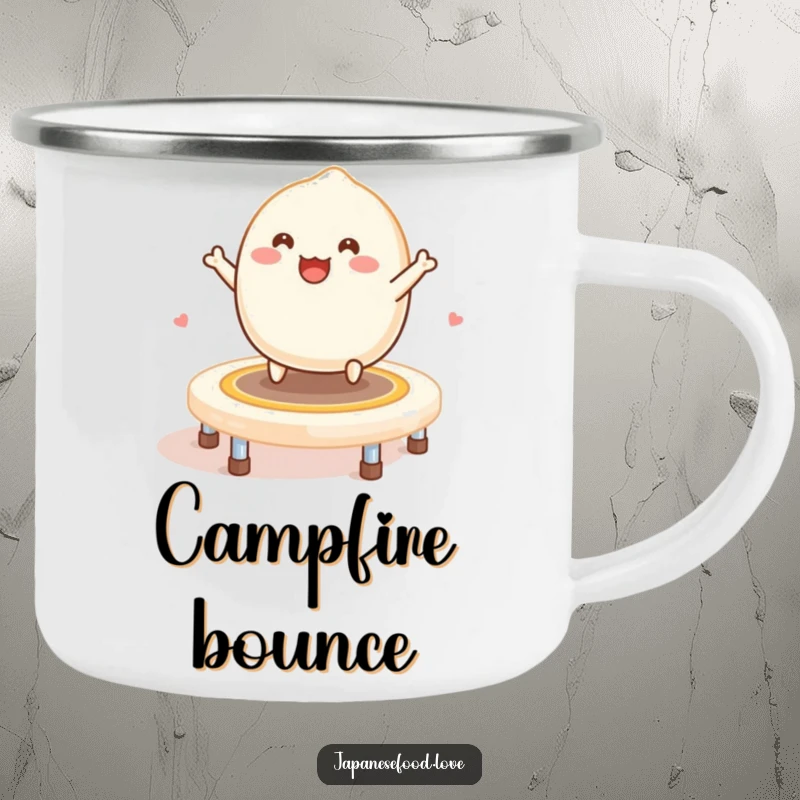 Funny Mochi Trampoline Camping Mug: A smiling mochi bounces playfully on a mochi trampoline outdoors.
