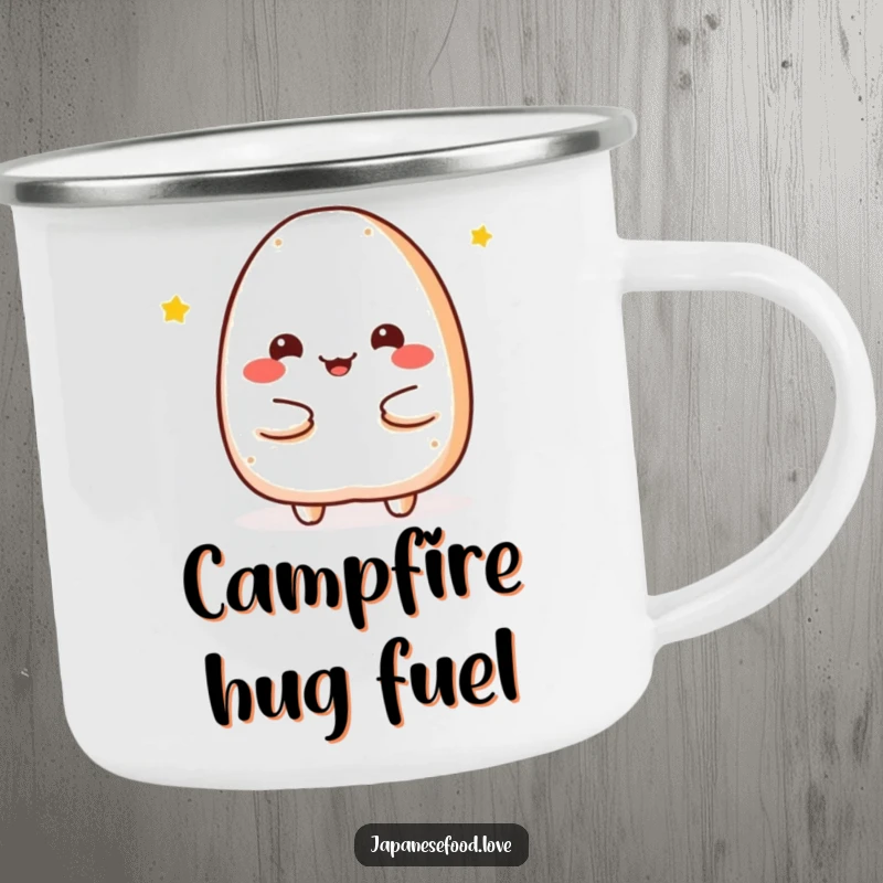 Funny Camping Mug with a graphic of a cheerful onigiri character offering a warm embrace, perfect for enjoying drinks in nature.