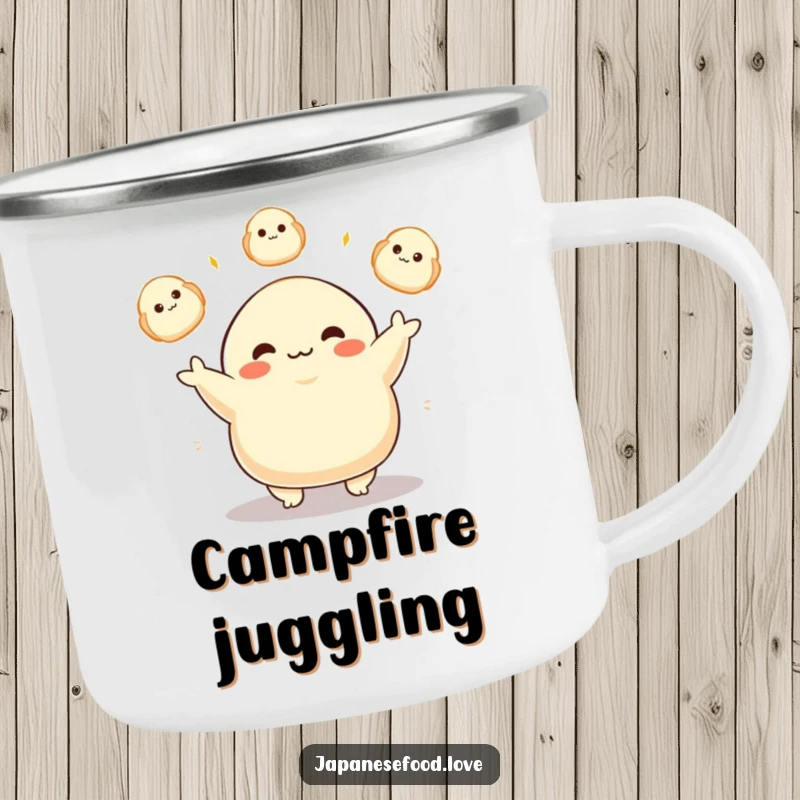 Funny camping mug featuring a plump dumpling character joyfully juggling glowing dumplings, designed for foodies who enjoy playful adventures.