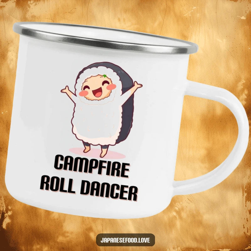 Funny camping mug featuring a plump, smiling sushi roll doing a clumsy pirouette, ideal for outdoor enjoyment.