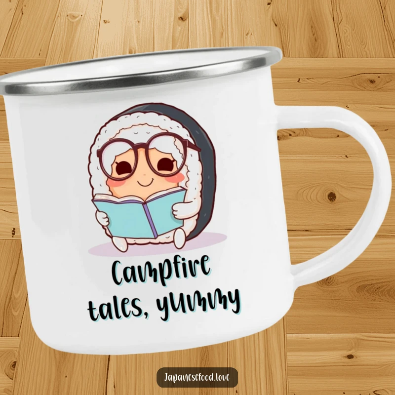 Funny Sushi Camping Mug: Rugged mug with a smiling sushi roll wearing spectacles, perfect for humorous outdoor sipping.
