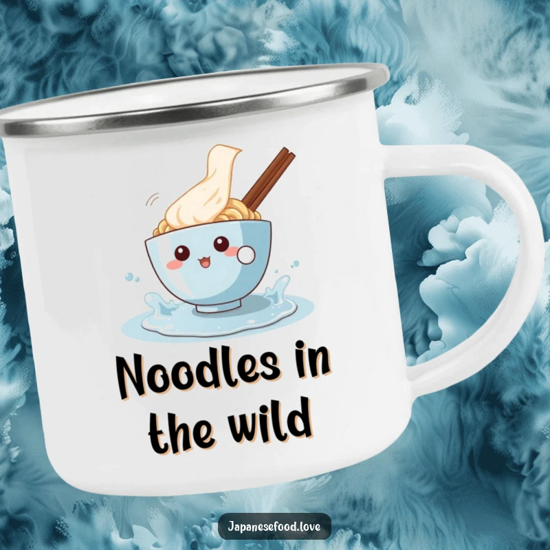 Funny camping mug with a cheerful ramen bowl character playfully splashing in a puddle, perfect for outdoor adventures and laughs.