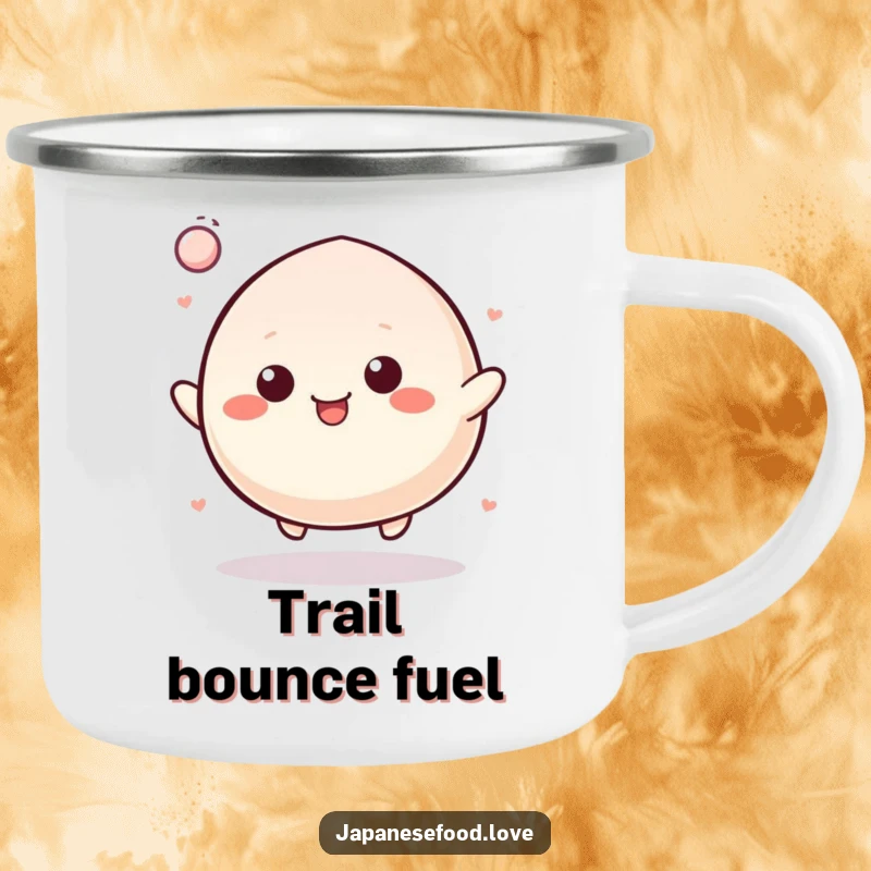 Funny Camping Mug with a graphic of a cheerful mochi character bouncing like a rubber ball, perfect for enjoying drinks in nature.