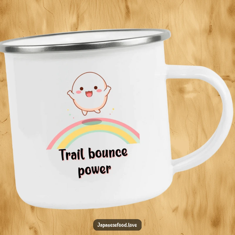 Funny camping mug showing a happy mochi character energetically dancing and bouncing on a vibrant rainbow, ideal for outdoor fun.