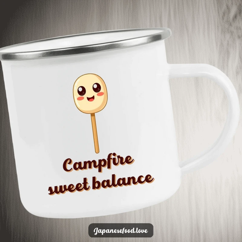 Funny Dango Balance Camping Mug: A happy dango skewer with exaggerated eyes humorously balancing on a chopstick.