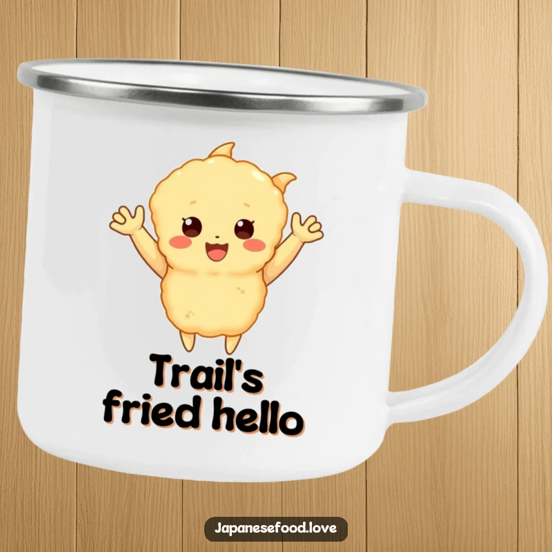 Funny camping mug with a happy tempura piece with little arms waving enthusiastically, a humorous and cheerful food character, great for outdoor adventures and as a funny gift.