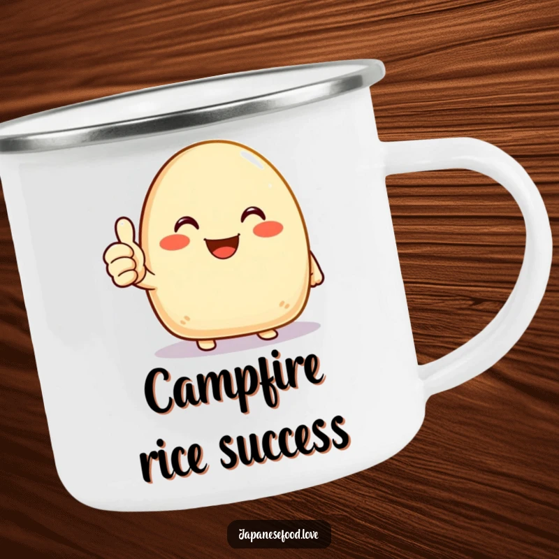 Funny onigiri camping mug with a joyous rice ball character giving a cheerful thumbs up, perfect for positive outdoor moments.