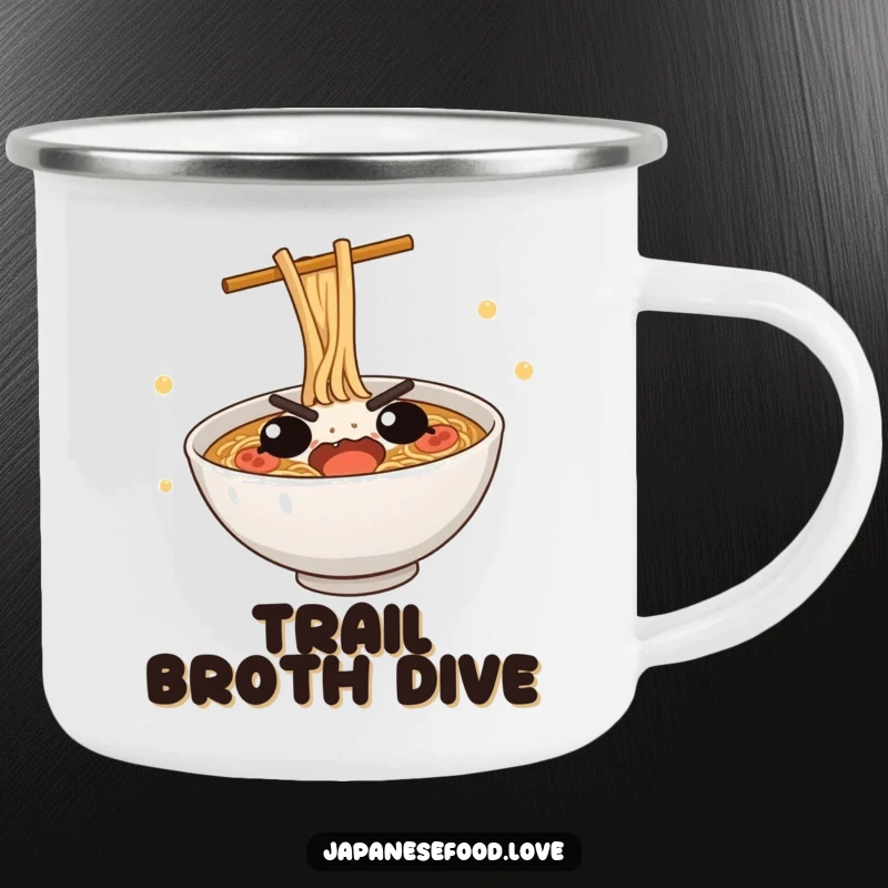 Funny Ramen Dive Camping Mug: A cute, determined ramen bowl mid-dive, ready for outdoor fun.