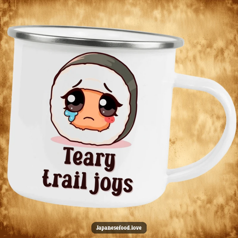 Funny sad cute sushi roll with giant eye wiping a tear on a camping mug, perfect for humorous outdoor moments.