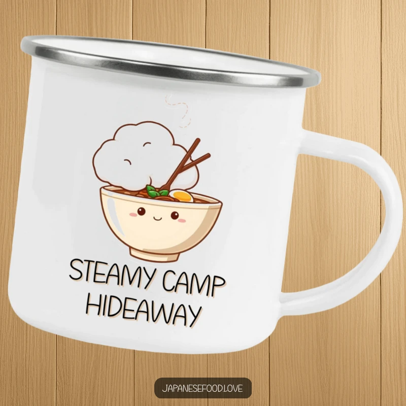 Funny camping mug with a shy ramen bowl character peeking from behind a steaming cloud, perfect for outdoor enjoyment.